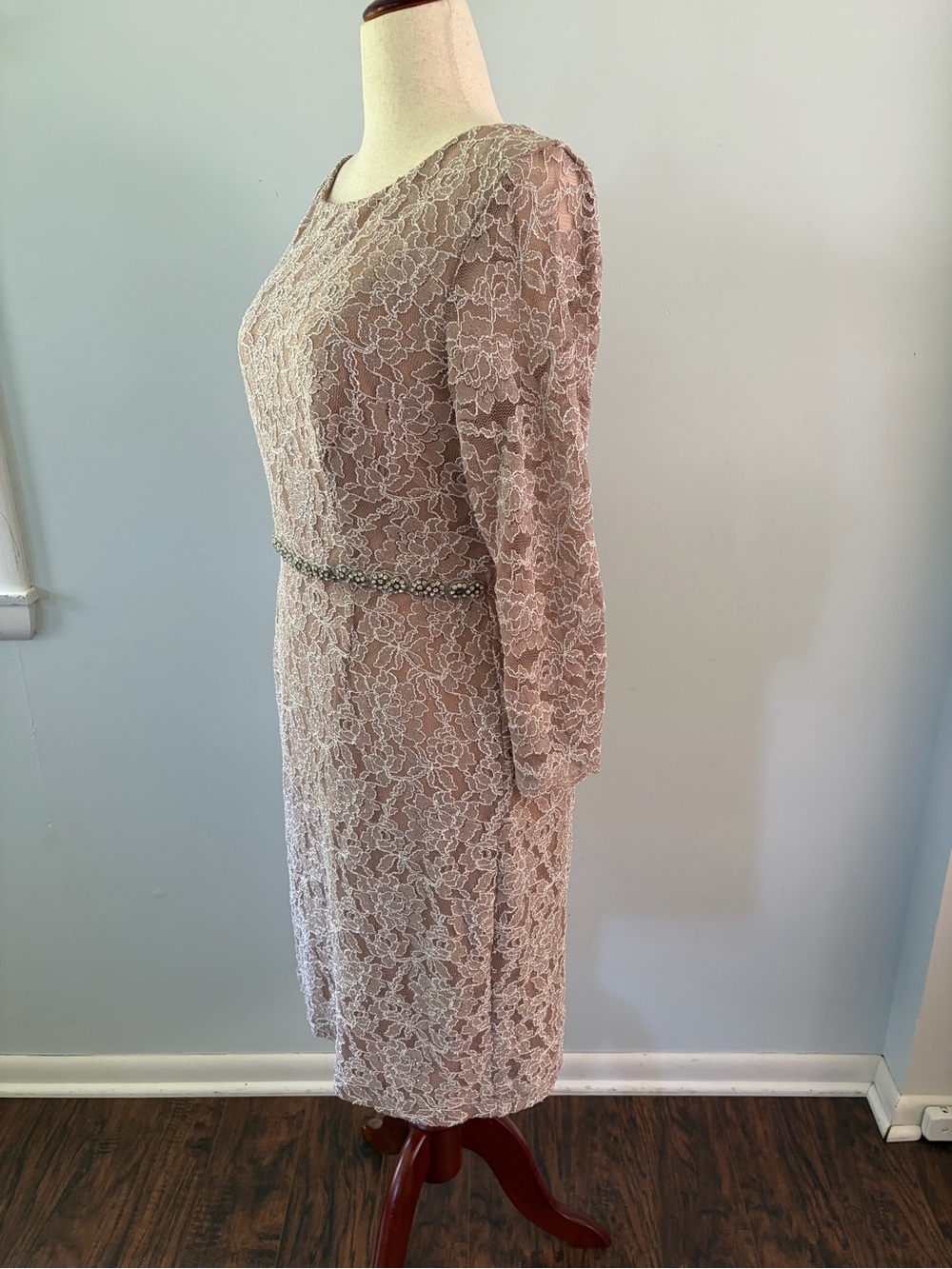 Cachet Lace Tan Sparkly Rhinestone Waist 3/4 Sleeve Stretchy Bride Fitted Dress